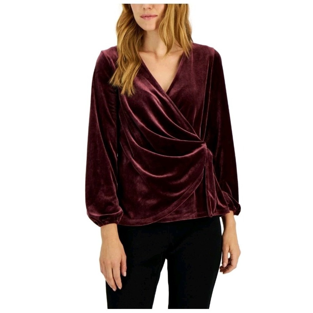 NWT Alfani Women's Burgundy Velvet Wrap Top Sz L Party Holiday
